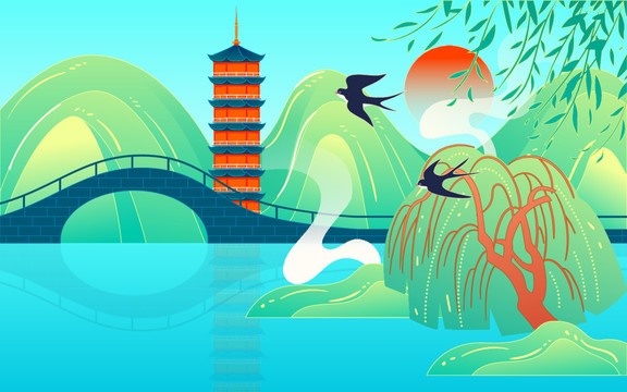 國潮春天風景立春節(jié)氣踏青插畫