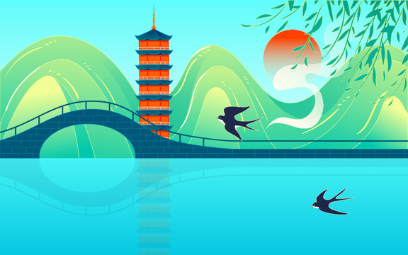 國潮春天風(fēng)景立春節(jié)氣踏青插畫
