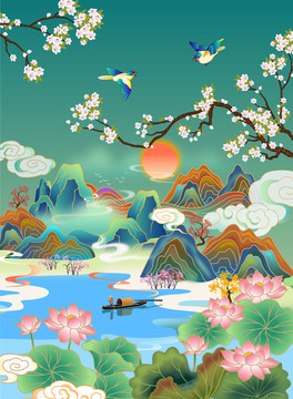 國潮花鳥山水矢量插畫