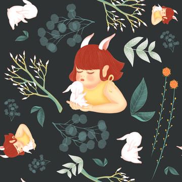 兔女孩四方連續(xù)無縫拼接插畫
