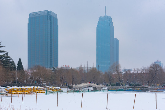 降雪过后的城市公园