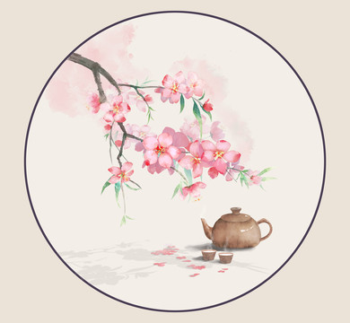 手繪水彩水墨桃花
