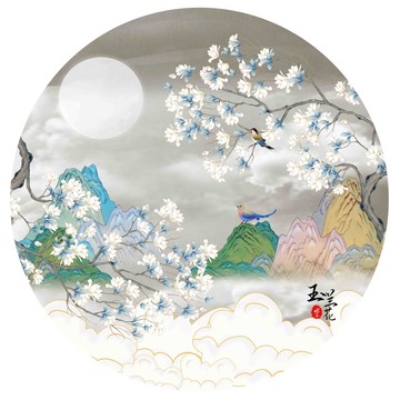 國潮山水花鳥圓形圖