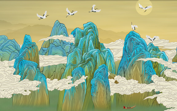 青绿山水高端手绘壁画背景墙