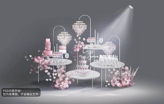 粉白色高级婚礼效果图甜品区