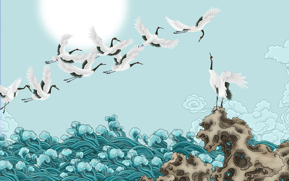 海浪仙鶴背景墻