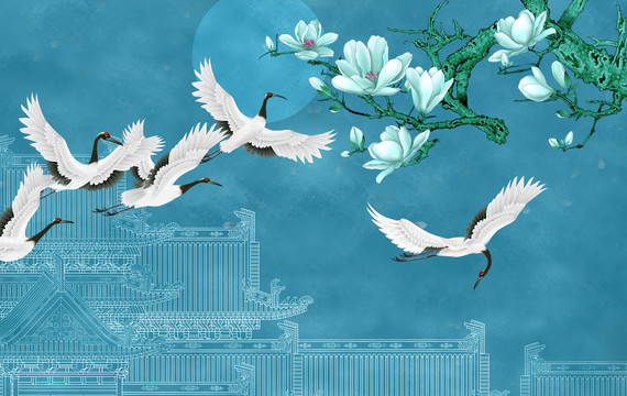 高端竹子花鳥手繪樓閣玉蘭