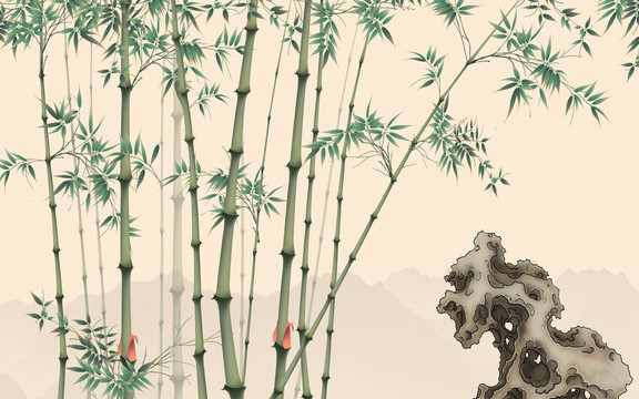 高端竹子花鳥(niǎo)手繪