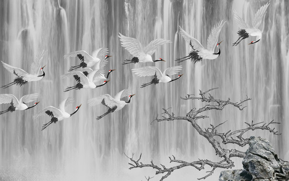 仙鶴瀑布流水新中式國(guó)風(fēng)插畫