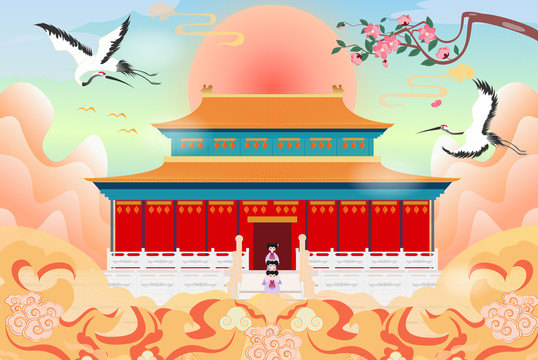 國潮古建筑中國風(fēng)宮殿城市插畫