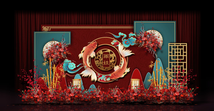 紅藍(lán)新中式婚禮手繪效果圖