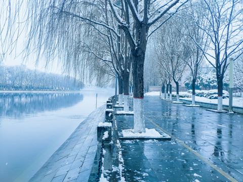 下雪的河边