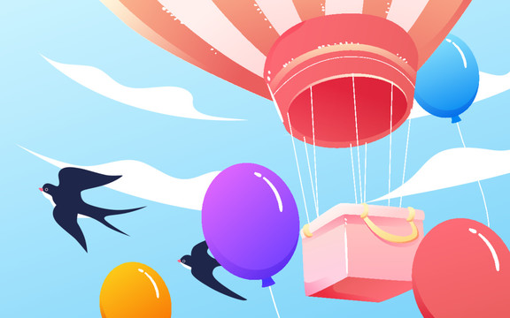 春天情人节情侣乘坐热气球插画