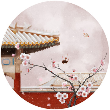 手繪故宮梅花雪景