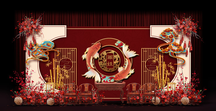 新中式合影區(qū)婚禮手繪效果圖