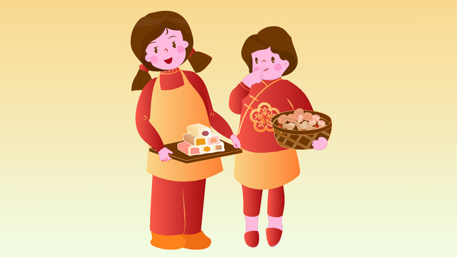 穿中式服装捧着糕点的两个小孩