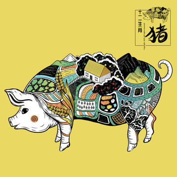 十二生肖動(dòng)物包裝插畫之豬