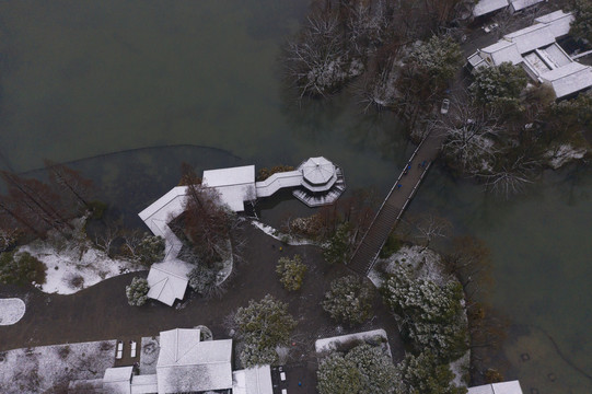 杭州市西湖茅家埠景区雪景航拍