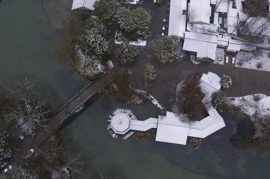 杭州市西湖茅家埠景区雪景航拍