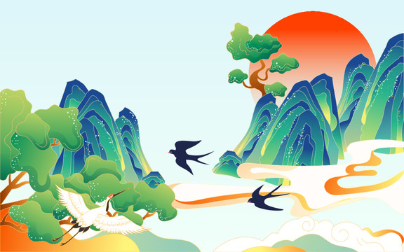 國潮春天風(fēng)景背景立春節(jié)氣插畫