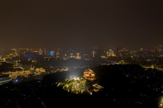 浙江杭州市吴山城隍阁航拍夜景