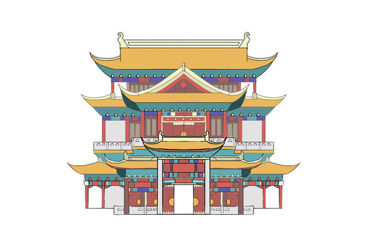 中式建筑手繪飛檐園林景觀