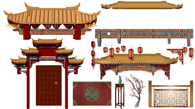 中式婚禮效果圖屋檐素材