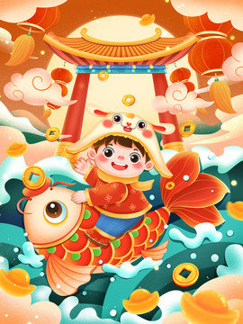 國潮騎錦鯉戴兔帽的福娃插畫