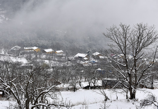 村庄水墨画雪景