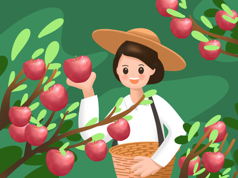 手繪插畫采摘蘋果的女孩