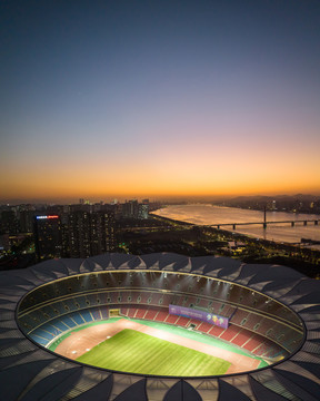 航拍杭州亚运会场馆夜景