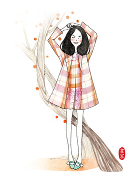 水彩清純少女插畫