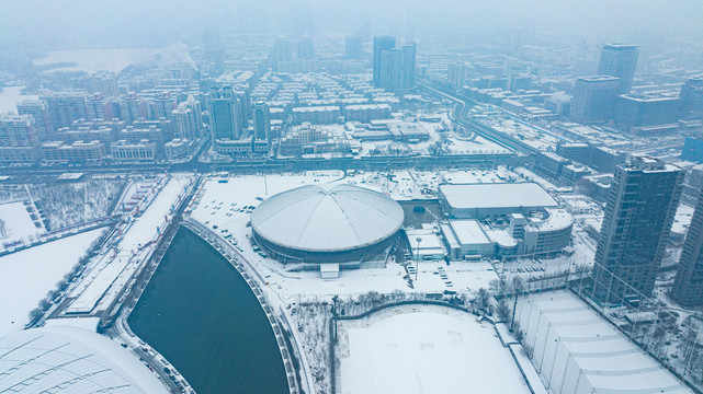 雪中的天津奥体中心