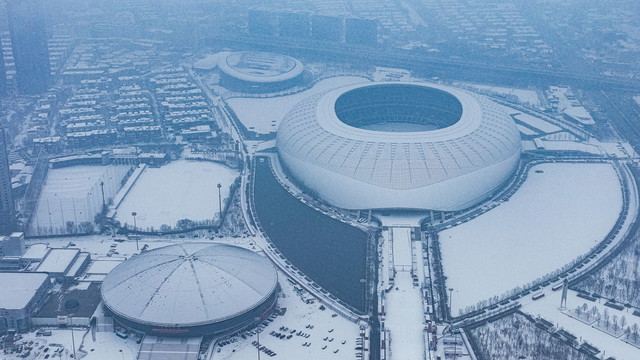 雪中的天津奥体中心