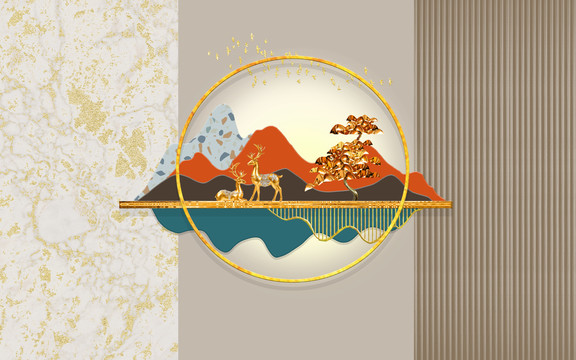 新中式山水麋鹿裝飾畫背景墻