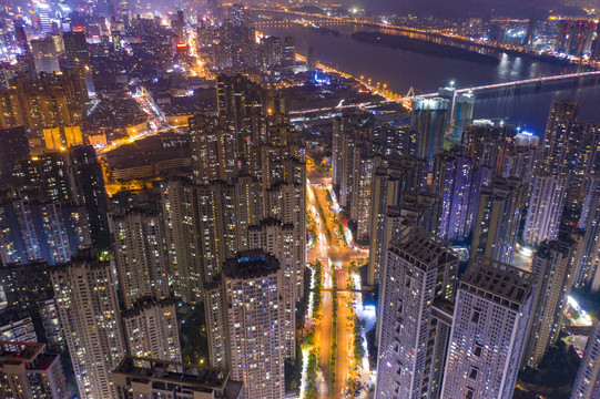 航拍湖南长沙城市夜景风光