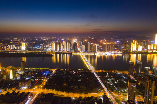 航拍湖南长沙城市夜景风光