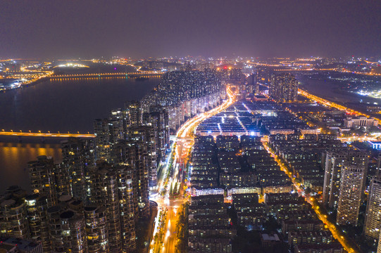 航拍湖南长沙城市夜景风光