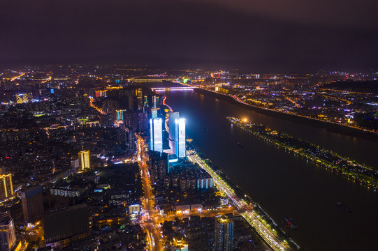 航拍湖南长沙城市夜景风光