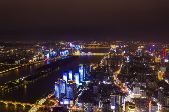 航拍湖南长沙城市夜景风光