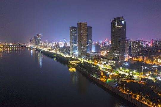 航拍湖南长沙湘江风光带夜景