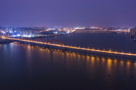 航拍长沙浏阳河夜景风光