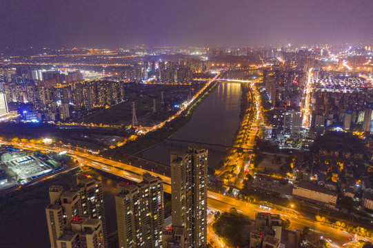 航拍湖南长沙湘江风光带夜景