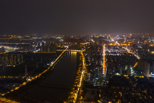 航拍湖南长沙湘江风光带夜景