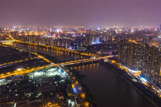 航拍湖南长沙湘江风光带夜景