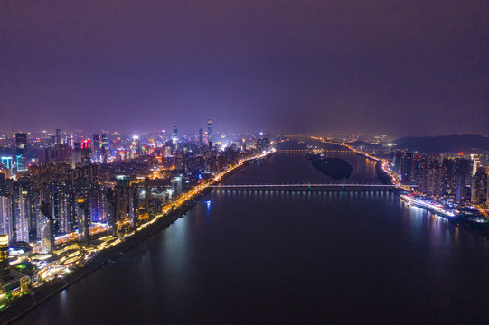 航拍湖南长沙湘江风光带夜景