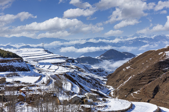 蓝天白云雪山沟壑云海