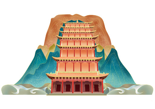 敦煌莫高窟古建筑矢量國風(fēng)線條