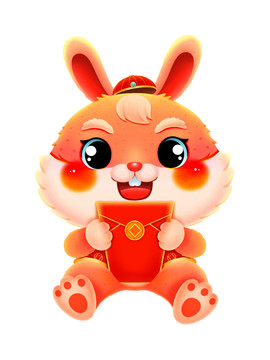 国潮可爱卡通抱红包的桔兔元素
