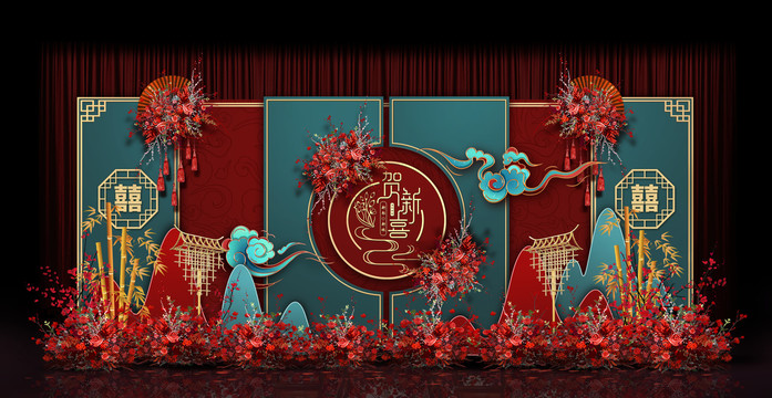 紅藍(lán)新中式婚禮手繪效果圖